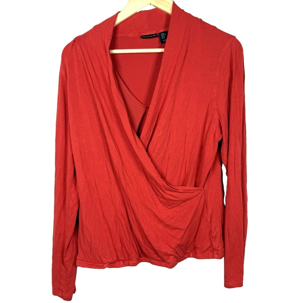 TAHARI Office Faux Wrap V Neck Stretch Long Sleeve Blouse Coral Orange Size XL